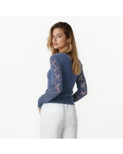 Haris Cotton Blue Knit Sweater With Embroidered Sleeves Denim