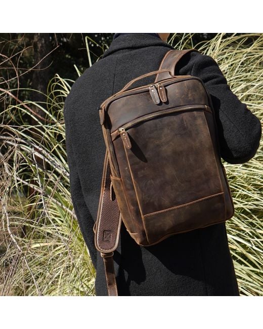 Touri Brown Minimalist Zip Open Leather Backpack for men