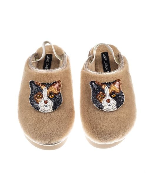 Laines London Metallic Neutrals Flatform Cloud Slippers With Double Calico British Shorthair Cat Brooches