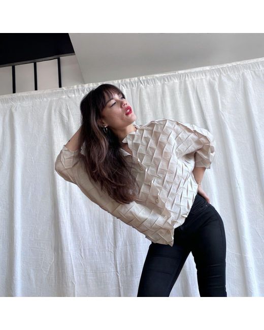 London Atelier Byproduct Pink Neutrals Cream Chevron Pleated Blouse