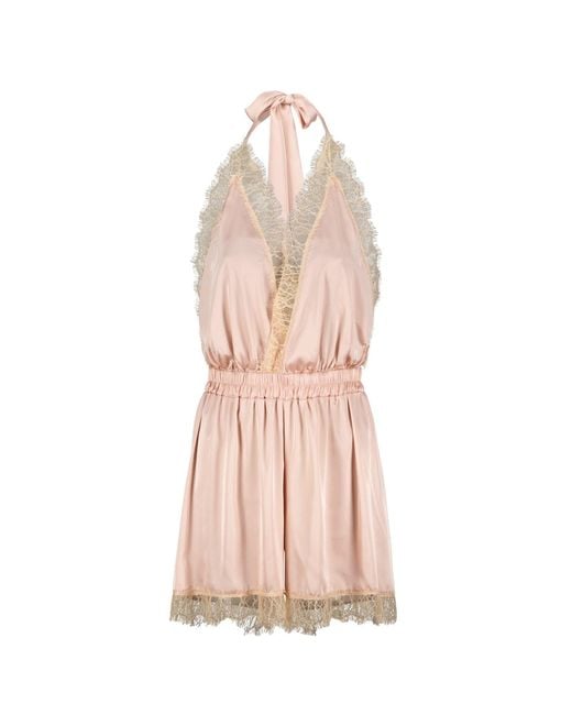 Noblesse Oblige Pink Nude Lace Trimmed Halter Neck Short Romper