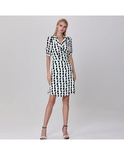 Smart and Joy Black Tailor Collar Graphic Print Short Warp Dress