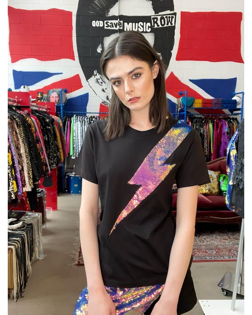 Any Old Iron Black Iridescent Oil Slick Sequin Lightning T-Shirt