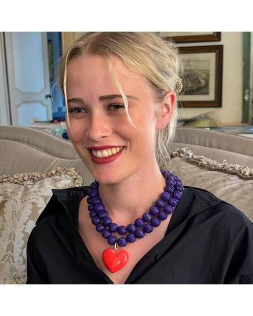 Michael Nash Jewelry Blue Amour Carved Amethyst Bead Necklace With Coral Resin Heart Pendant