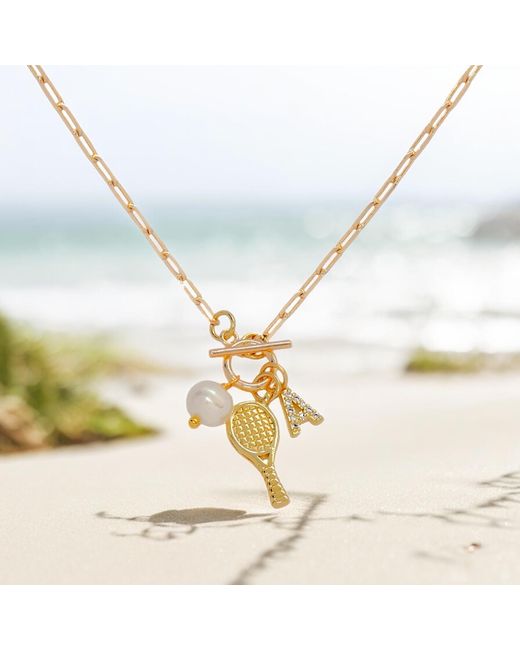VALERIE CHIC Metallic Initial Letter Tennis Racket Pearl Ball Necklace 18K