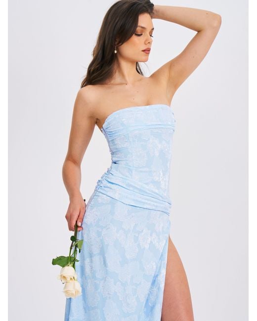 Miss Circle New York Blue Xatia Baby Jacquard Textured High Slit Maxi Dress