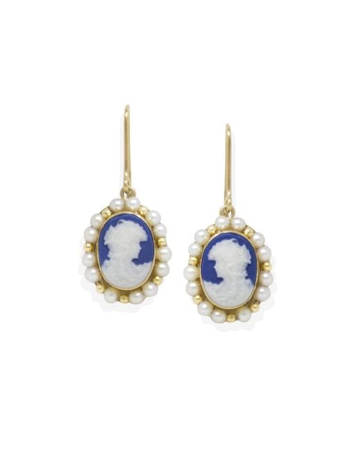Vintouch Italy Blue Little Lovelies-Plated Cameo Pearly Earrings