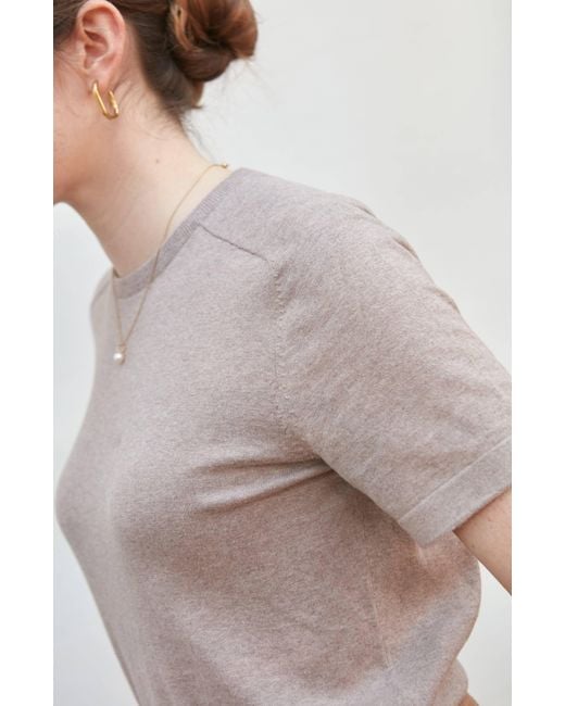 Paul James Knitwear Gray Neutrals Ultra Fine Cotton Cassie Saddle Shoulder Knitted T-Shirt