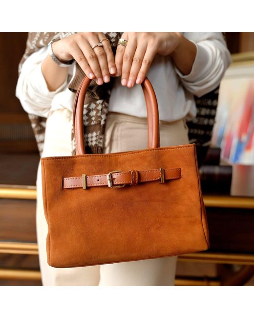 Harmain Leathers Ltd Brown The Suede East-West Buckle Tote Bag – Cognac Tan