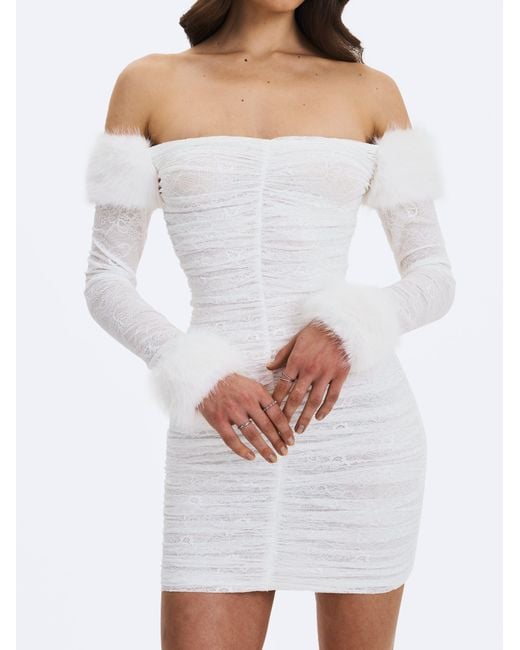 Miss Circle New York Gray Lani Lace Off-Shoulder Ruched Mini Dress