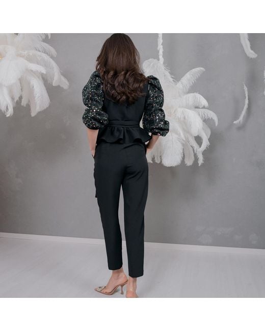 concept A trois Black Sequin Top With Puff Sleeves