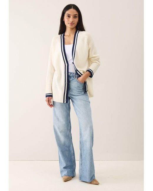 Loop Cashmere White Striped Tipped V Neck Lofty Cardigan
