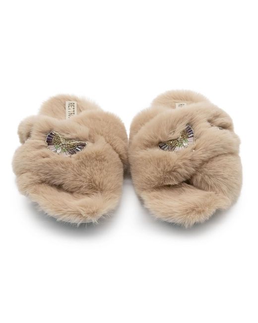 Rettrose Natural Neutrals Sadie Mink Luxury Plush Diamanté Embellished Handmade Slipper