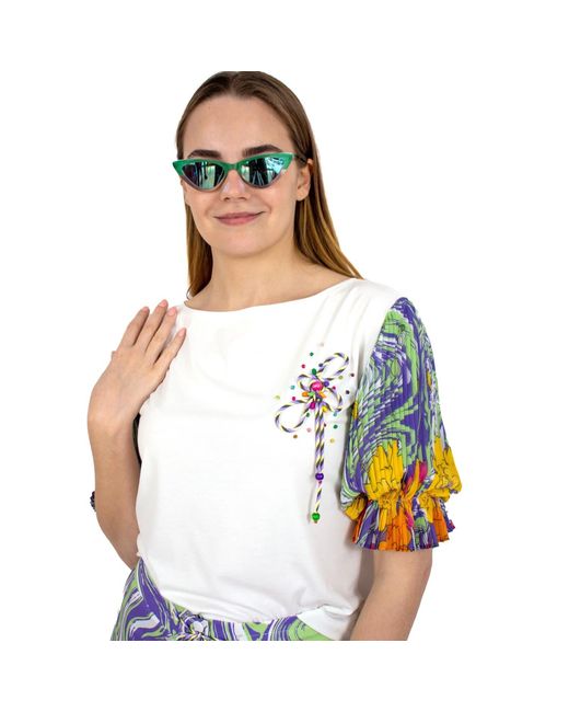 Lalipop Design Blue White Blouse With Pleated Sleeves & Embroidery Details