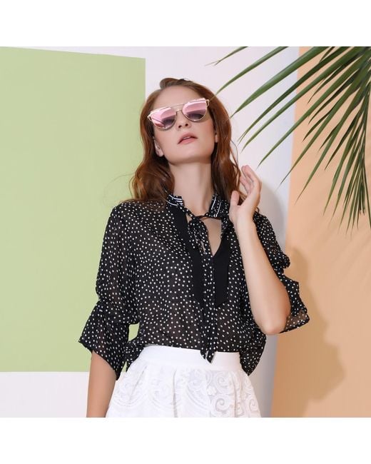 Smart and Joy Gray Polka Dots Tulip Sleeves Chiffon Blouse