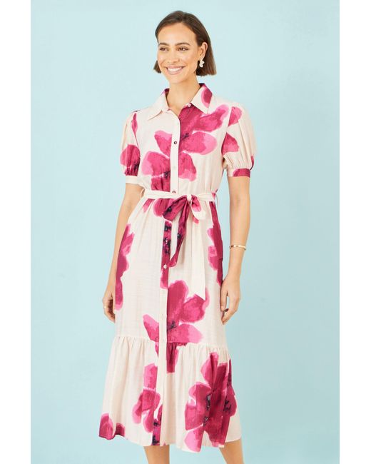 Yumi' Pink Scattered Floral Shirt Dress