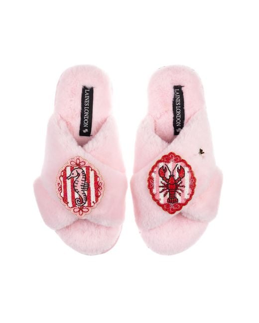 Laines London Pink Classic Laines Slippers With Stripe Seahorse & Lobster Brooches