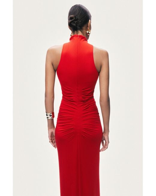 Nocturne Red Ruched High-Neck Maxi Dress