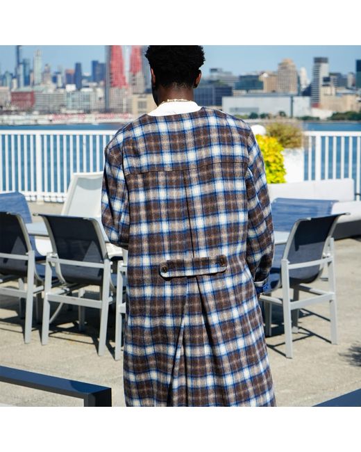 Éclectique Blue Plaid Collarless Long Coat for men