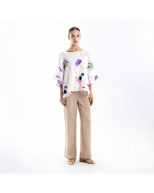 Haris Cotton Multicolor Printed Linen Gauze Blouse With Ruffles Ecru Garden