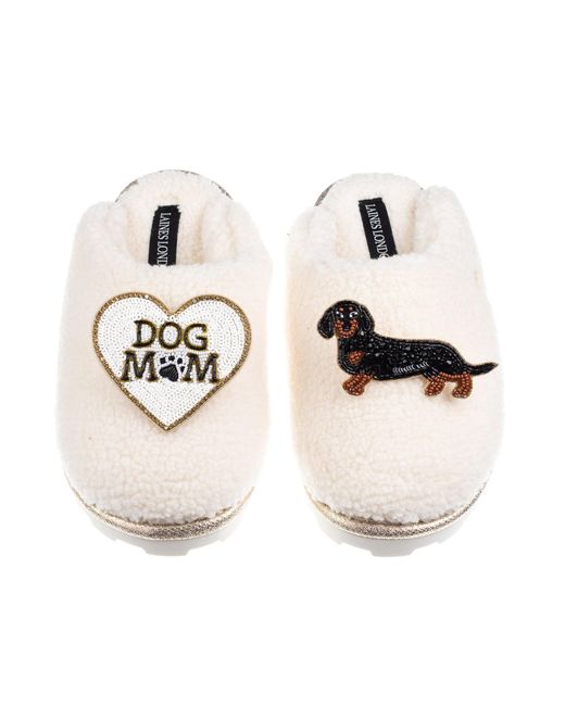 Laines London White Neutrals Teddy Closed Toe Slippers With Dog Mum/Mom & & Tan Dachshund Brooches