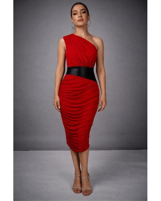 Monice London Red Riri One Shoulder Midi Dress