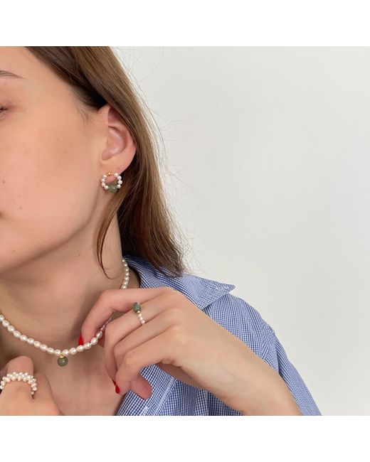 seree Green Isa Beaded Pearl Jade Hoop Earrings