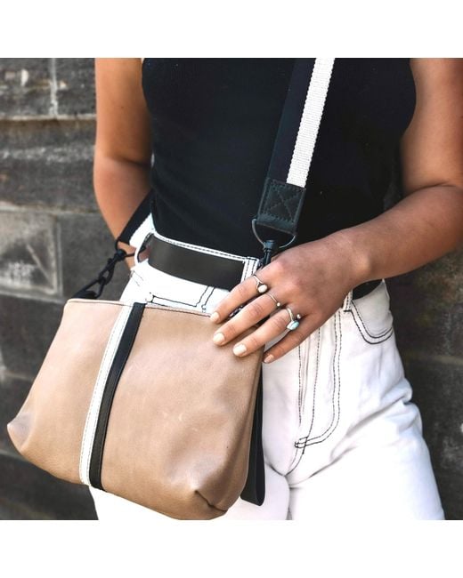 Lynn Tallerico Blue New Nancy Crossbody Bag In Cafe Au Lait Wth Black & Cream Stripes