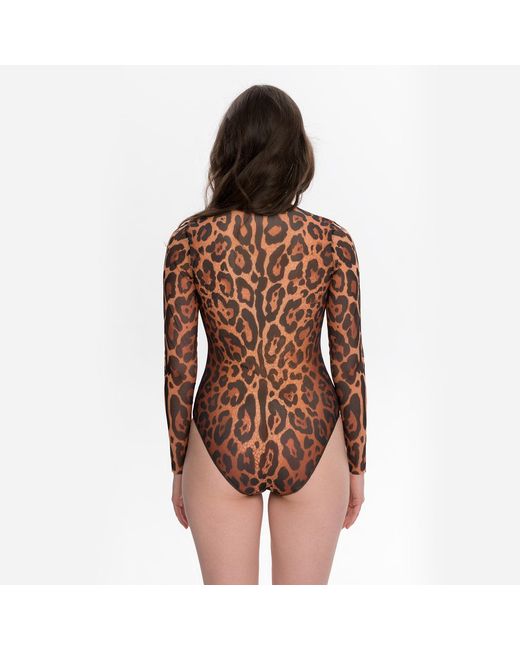 Rodasoleil Smart Swimwear Brown Tan-Through Mesh One-Piece Zipper Swimsuit With Sleeves Leopard