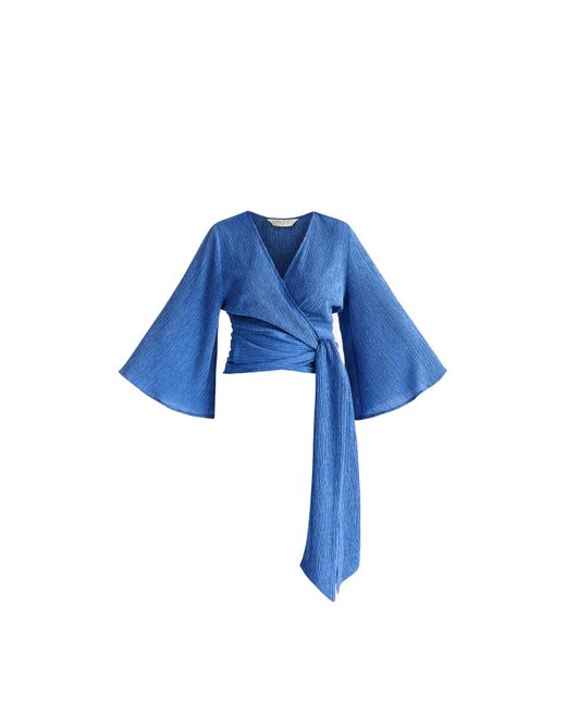 Paisie Blue Textured Wrap Kimono Blouse In