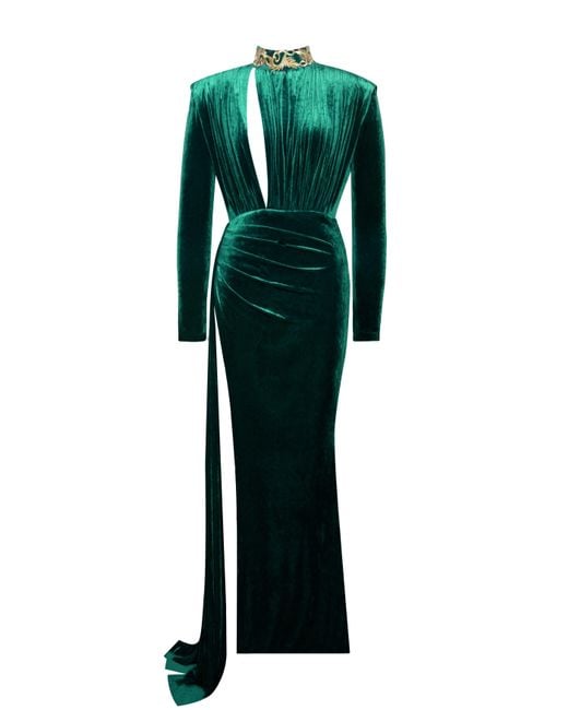 Miss Circle New York Green Zenaida Emerald Cutout High Slit Velvet Gown
