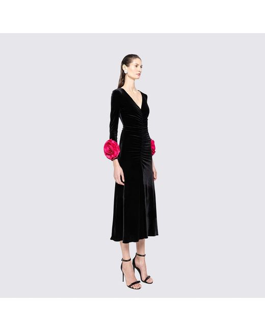 Nissa Black Floral-Detail Velvet Dress