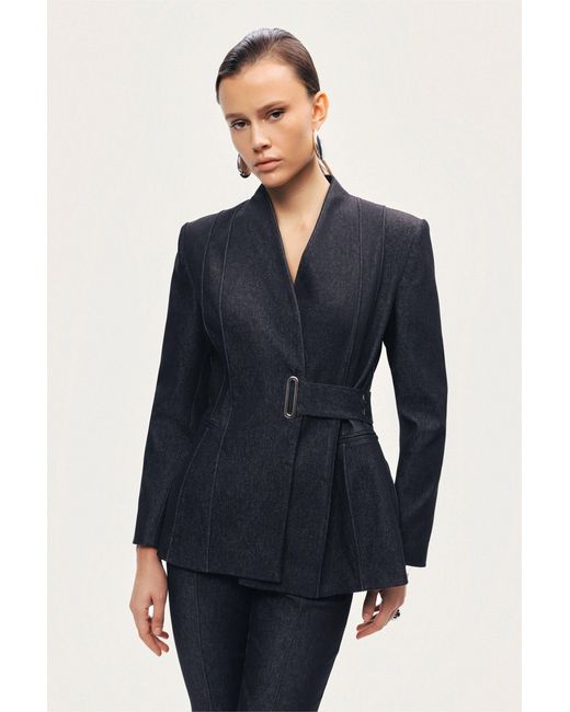 Nocturne Blue Bkack Belted Tailored Blazer