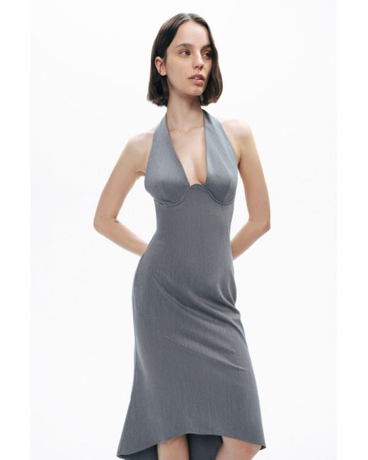 Nocturne Gray Anthracite Tie Neck Asymmetrical Midi Dress