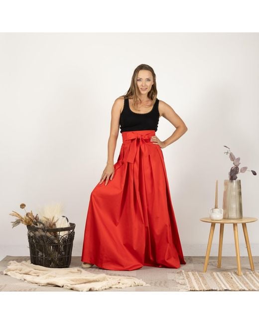 Nikka Place Red Cotton A-Line Skirt With High Waist