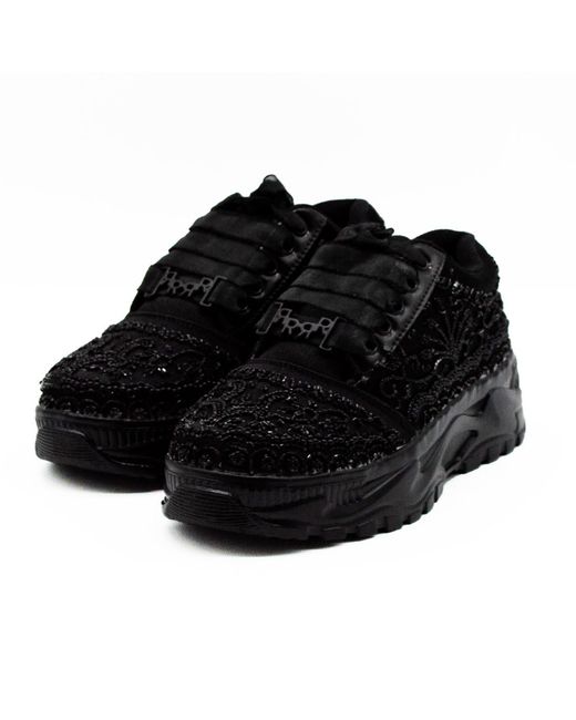 Rettrose Black Iris Luxury Noir Satin Handmade Embellished Trainers