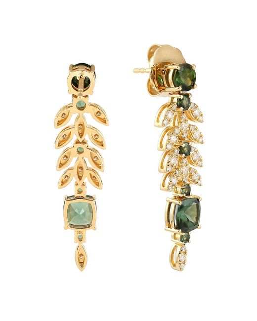 Artisan Green Tourmaline & Diamond In 18k Yellow Gold Leaf Design Dangle Earrings Jewelry