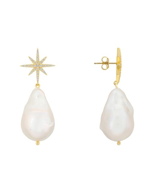 Latelita London White Baroque Pearl Star Burst Drop Earrings Gold