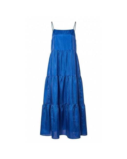 Silk and Bears Blue Valentina Royal 100% Silk Tiered Maxi Dress — Habotai Silk