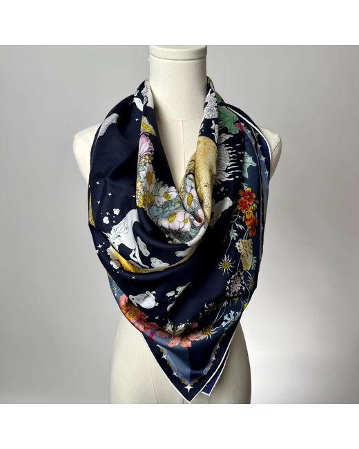 Wenzi Blue Moonlit Menagerie Hand Painted Mulberry Silk Square Scarf