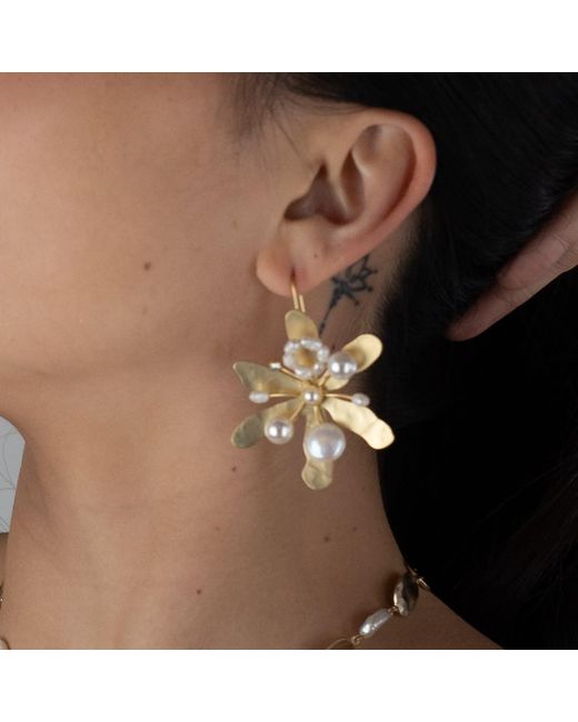 Rare Matters Jewelry Metallic Blossom Pearl Drops Flower Earring