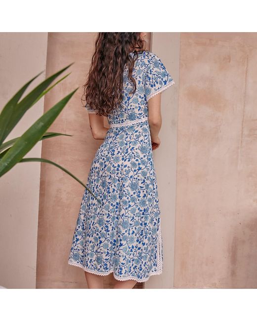 LAtelier London Blue Serafina Floral Cotton Midi Dress With Side Splits