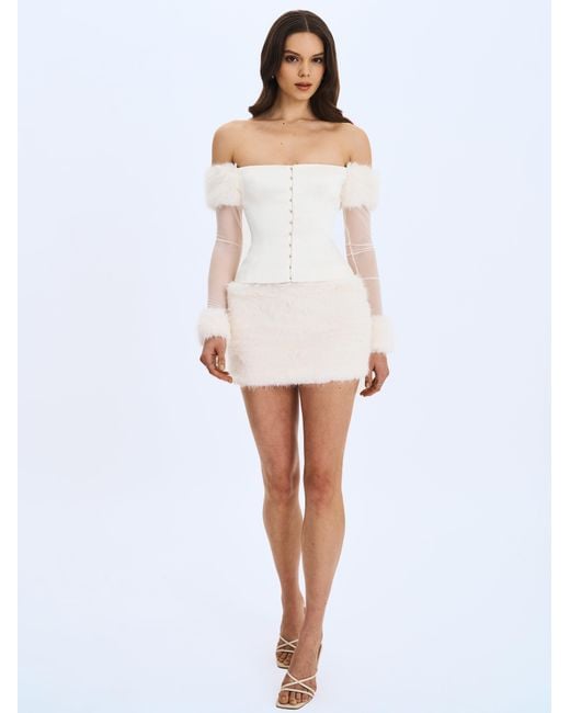 Miss Circle New York White Narla Ivory Low-Waisted Fur Mini Skirt
