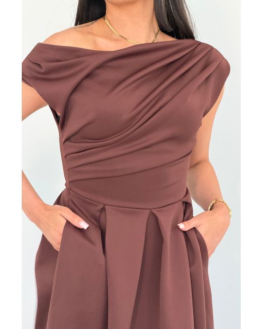 Girl In Mind Brown Betty Asymmetric Neckline Skater Midi