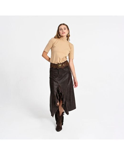 Lalipop Design Gray Ruffled Front Vegan Leather Midi Skirt