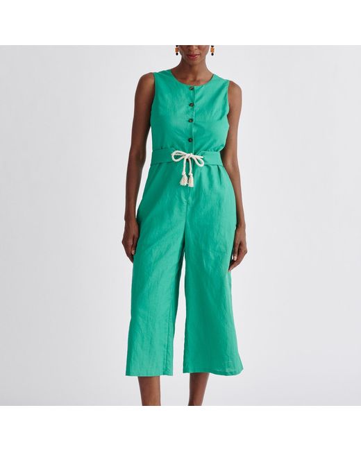 Paisie Green Belted Linen Blend Jumpsuit