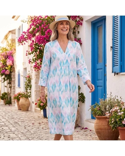 NoLoGo-chic Blue Ikat Multi Picot Dress Linen Aqua