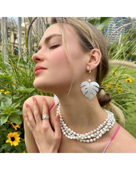 Farra White Leaves Shaped Shell With Pearls Chunky Earrings