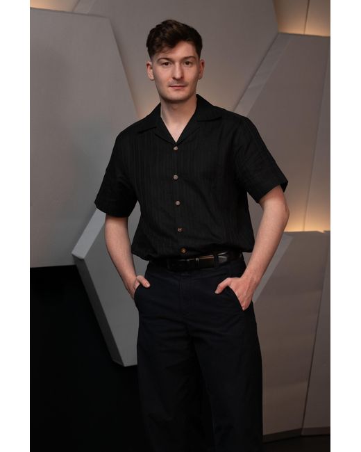 Stovaria Black Handwoven Hemp Camp Collar Shirt With Natural Dye for men