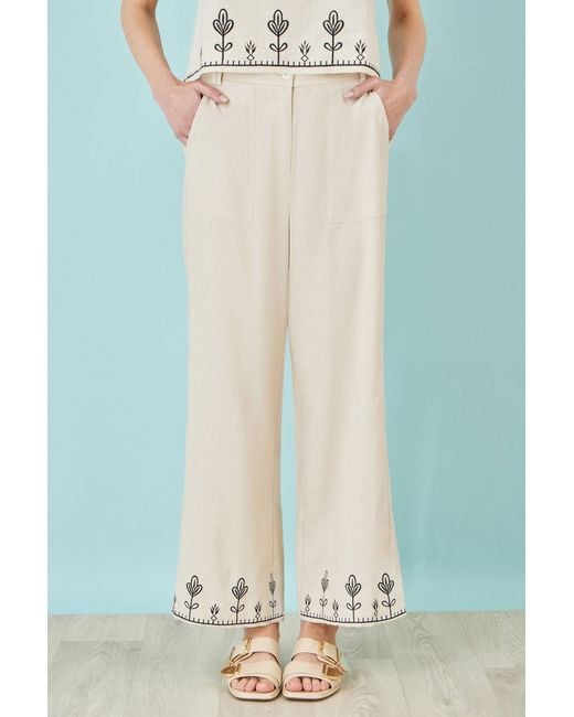 Yumi' Natural Neutrals Ivory Linen Mix Embroirdered Trousers